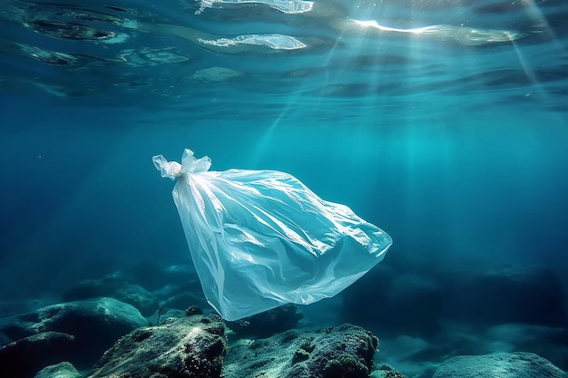 Sacchetto di plastica sotto l'acqua