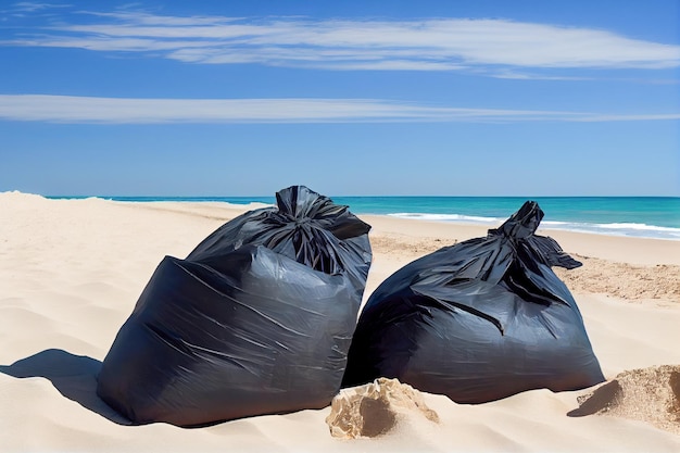 Sacchi della spazzatura neri sulla spiaggia IA generativa IA generativa