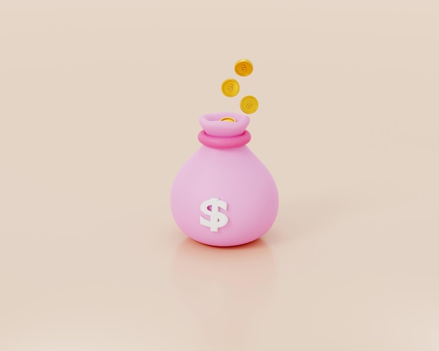 Sacchi di denaro e monete Illustrazione di rendering 3D del concetto di denaro 3D