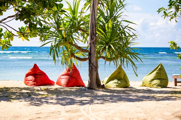 Sacchi di fagioli sulla spiaggia in riva al mare a Bali, in Indonesia