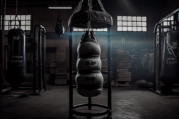 Sacco da boxe in una palestra circondata da attrezzature per il sollevamento pesi create con l'IA generativa