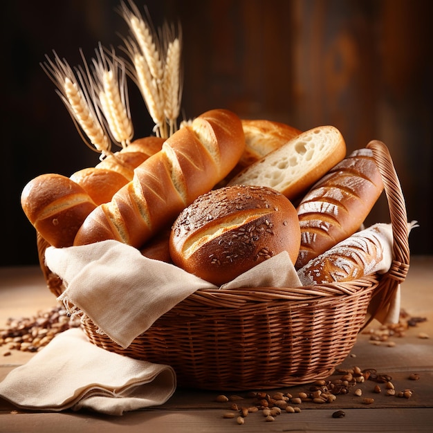 Sacco di pane diverso in un cestino su un tavolo di legno