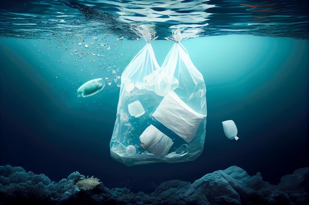 Sacco di rifiuti di plastica nell'oceano IA generativa