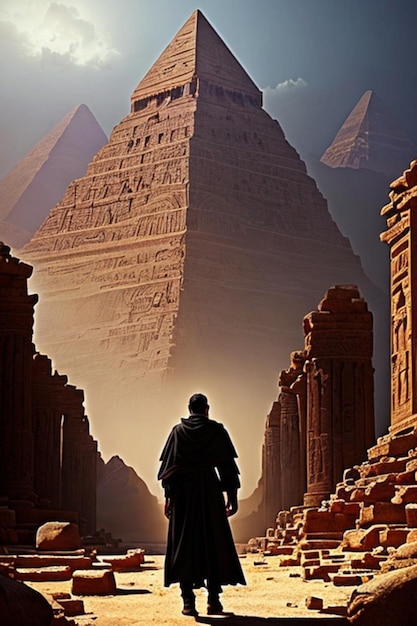 sacerdote mummia che invoca una maledizione davanti al tempio egizio in rovina con statue sullo sfondo