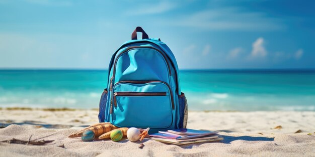 Sack blu con libri e conchiglie sulla spiaggia sabbiosa Concetto di viaggio