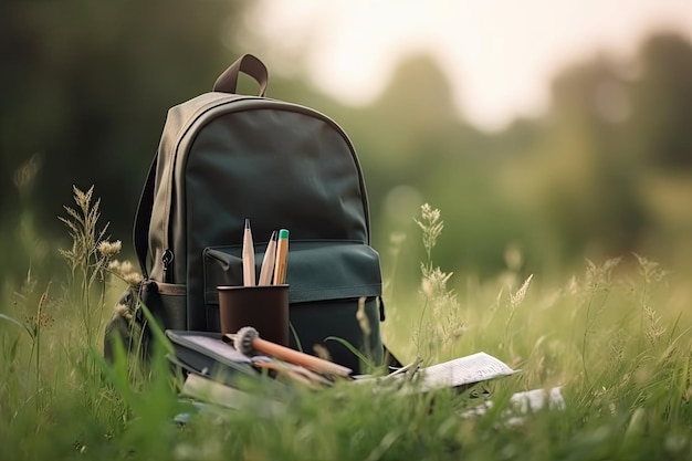 Sack e articoli di cancelleria sull'erba verde in natura Concept di ritorno a scuola Uno zaino scolastico in un campo in una giornata di sole brillante Generato dall'IA