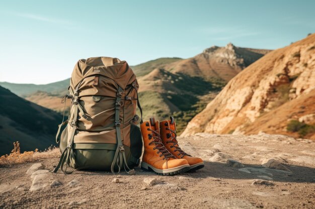 Sack e stivali da trekking sulle colline alla luce del mattino sullo sfondo c'è una vista sulla montagna