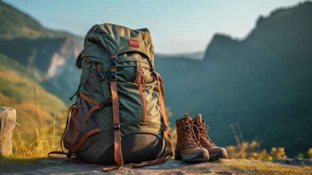 Sack e stivali da trekking sulle colline alla luce del mattino sullo sfondo c'è una vista sulla montagna