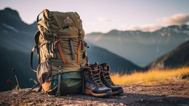 Sack e stivali da trekking sulle colline alla luce del mattino sullo sfondo c'è una vista sulla montagna