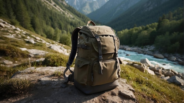 Sack su una roccia di fronte al paesaggio di montagna