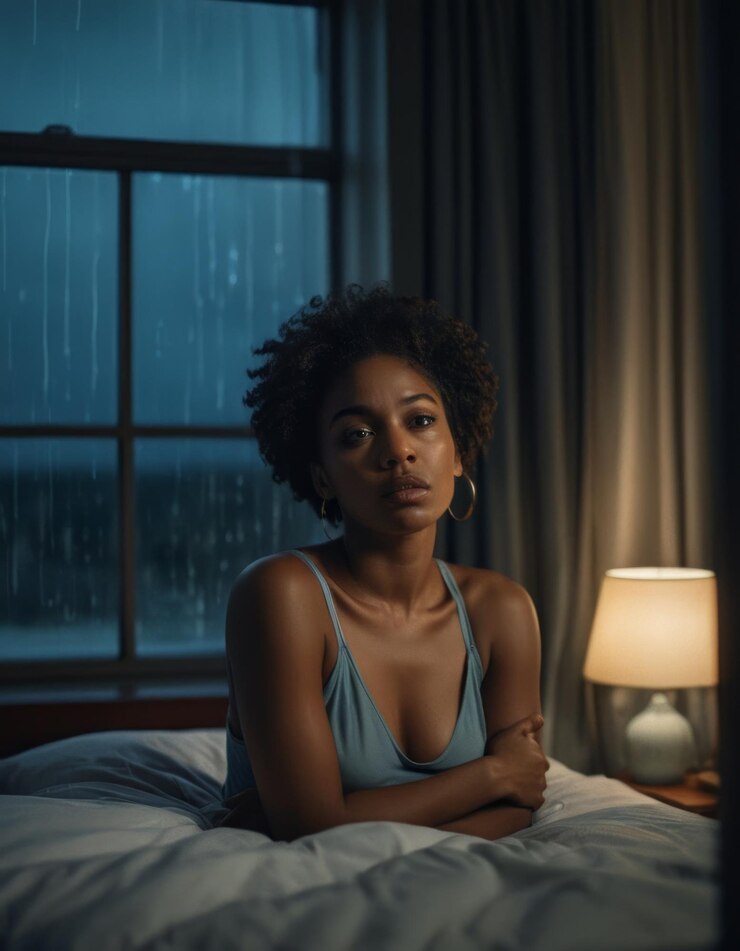 sad Black woman in dim bedroom blue night rain on onepane window no lights