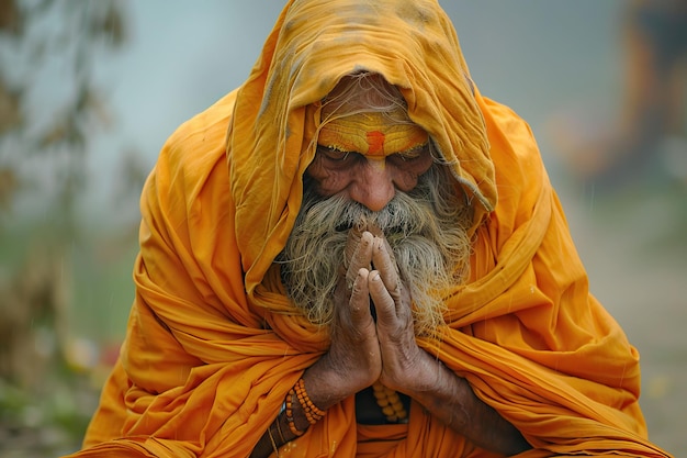 Sadhu indiano in abiti di zafferano