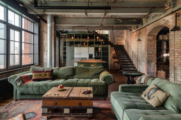 Sage Green Design Interni in loft in stile industriale e soggiorno moderno