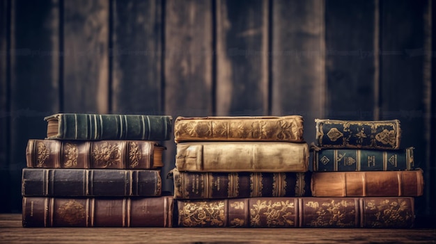 Saggezza vintage Un primo piano di libri antichi su un tavolo di legno rustico generato da AI