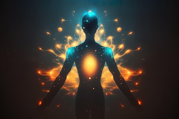 Sagoma del corpo astrale con sfondo spaziale astratto Vita spirituale esoterica e concetto di meditazione Aldilà e connessione con altri mondi Creato con l'IA generativa