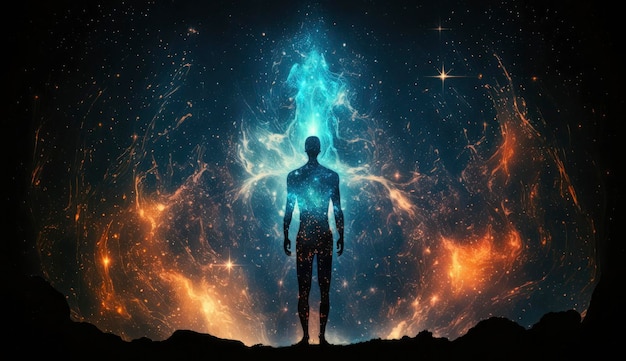 Sagoma del corpo astrale con sfondo spaziale astratto Vita spirituale esoterica e concetto di meditazione Aldilà e connessione con altri mondi Creato con l'IA generativa