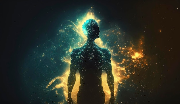 Sagoma del corpo astrale con sfondo spaziale astratto Vita spirituale esoterica e concetto di meditazione Aldilà e connessione con altri mondi Creato con l'IA generativa