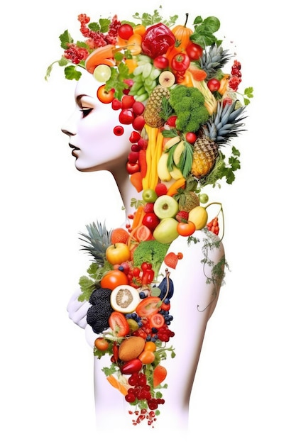 Sagoma del corpo di una donna sana composta da verdure con uno sfondo bianco che rappresenta cibo sano e vegetariano IA generativa