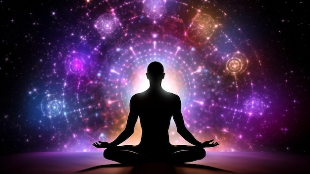 Sagoma dell'IA generativa di una persona sintetica con chakra su una nebulosa spaziale