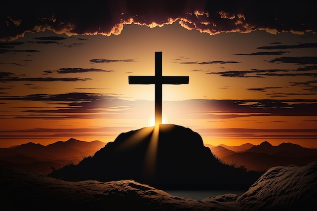 Sagoma della croce crocifisso al tramonto con sfondo santo e chiaro