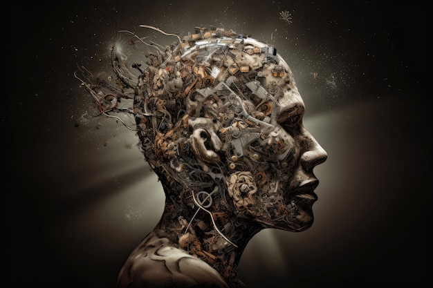 Sagoma della testa dell'uomo con meccanismo ad ingranaggi nel cervello IA generativa