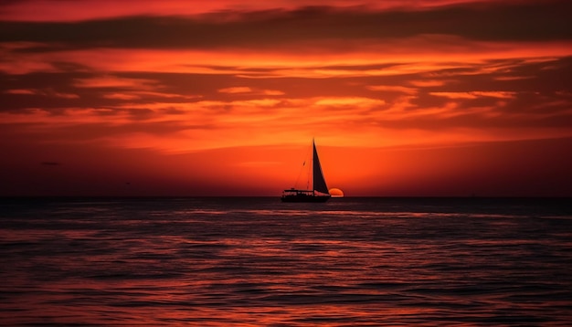 Sagoma di barca a vela su un tranquillo paesaggio marino retroilluminato dal tramonto arancione generato dall'intelligenza artificiale