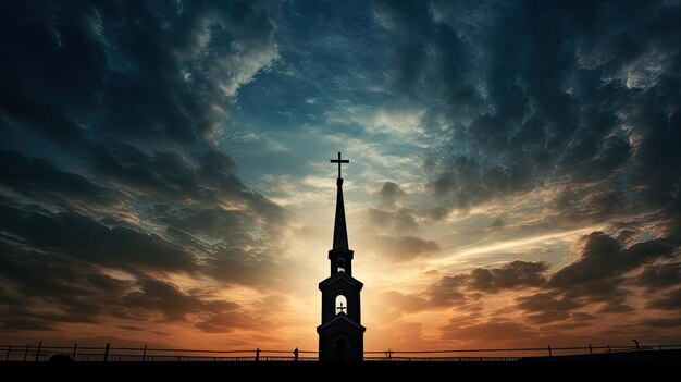 Sagoma di croce e campanile contro il cielo nuvoloso alla chiesa cattolica nel Santuario di Nostra Signora Tersatto