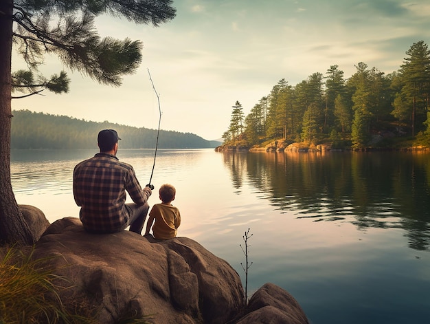 sagoma di padre e figlio seduti insieme sulle rocce che pescano in un lago calmo generato ia