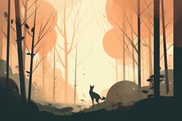 Sagoma di scoiattolo e paesaggio forestale in un'illustrazione minimalista Colori tenui e tenui