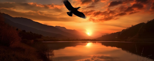 Sagoma di uccello che vola sullo sfondo del tramonto con paesaggio fluviale e montano IA generativa