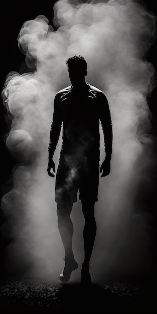 Sagoma di un giocatore di football in piedi su uno sfondo scuro e fumo