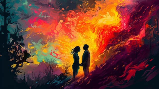 Sagoma di una coppia di innamorati su uno sfondo di fuoco rigenerativo ai