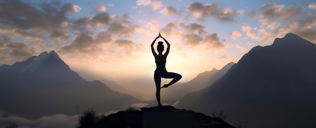 sagoma di una donna che pratica yoga in cima con sfondo di montagna