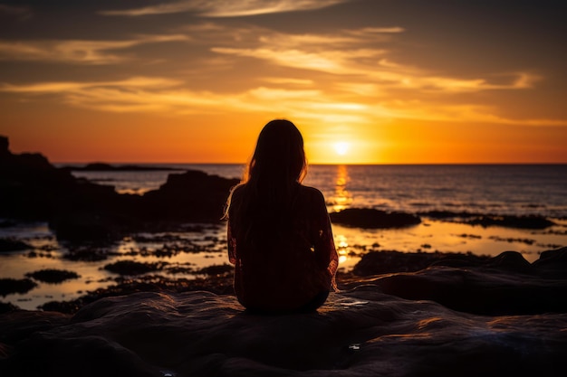 sagoma di una donna seduta su una roccia al tramonto