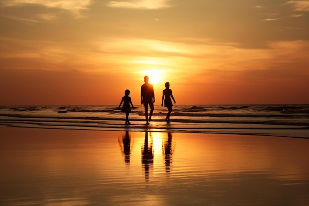 sagoma di una famiglia sulla spiaggia al tramonto