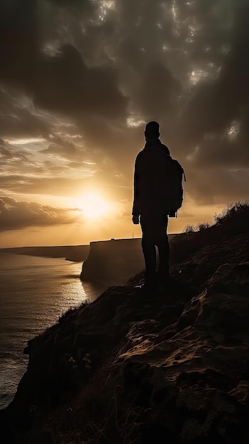 Sagoma di una persona che ammira il tramonto sul bordo di una scogliera