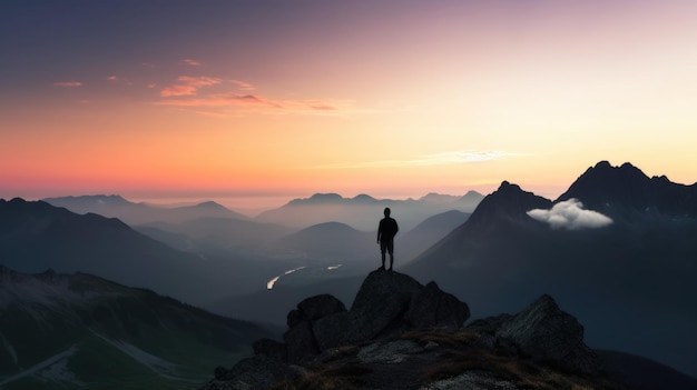 Sagoma di una persona in piedi sulla cima di una collina sotto il bel cielo colorato al mattino Generative AI AIG21