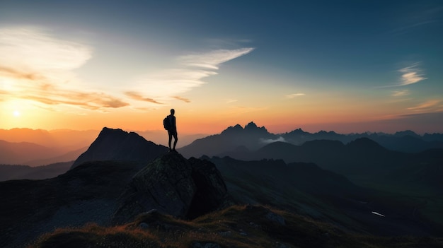 Sagoma di una persona in piedi sulla cima di una collina sotto il bel cielo colorato al mattino Generative AI AIG21