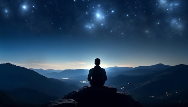 sagoma di una persona seduta sulla cima della montagna davanti alla notte stellata