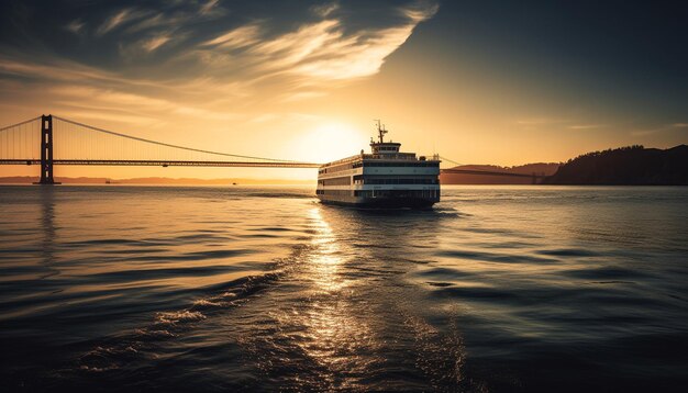 Sagoma di yacht giallo sul tramonto tranquillo generato dall'intelligenza artificiale