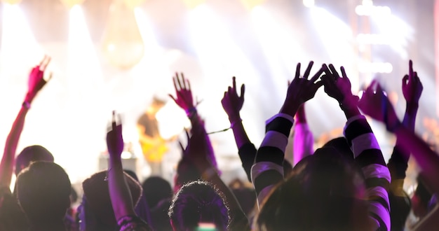 sagome di folla di concerto a Vista posteriore della folla festival alzando le mani