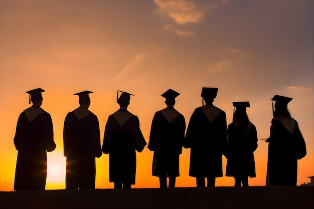 Sagome di laureati in cappelli di laurea al tramonto IA generativa 1