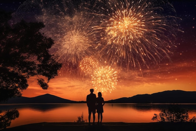 Sagome di persone che guardano fuochi d'artificio colorati nel cielo notturno IA generativa