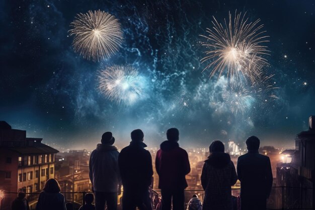 Sagome di persone che guardano fuochi d'artificio colorati nel cielo notturno IA generativa