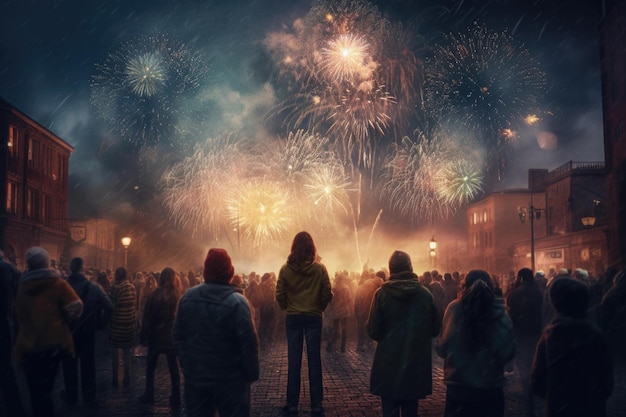 Sagome di persone che guardano fuochi d'artificio colorati nel cielo notturno IA generativa