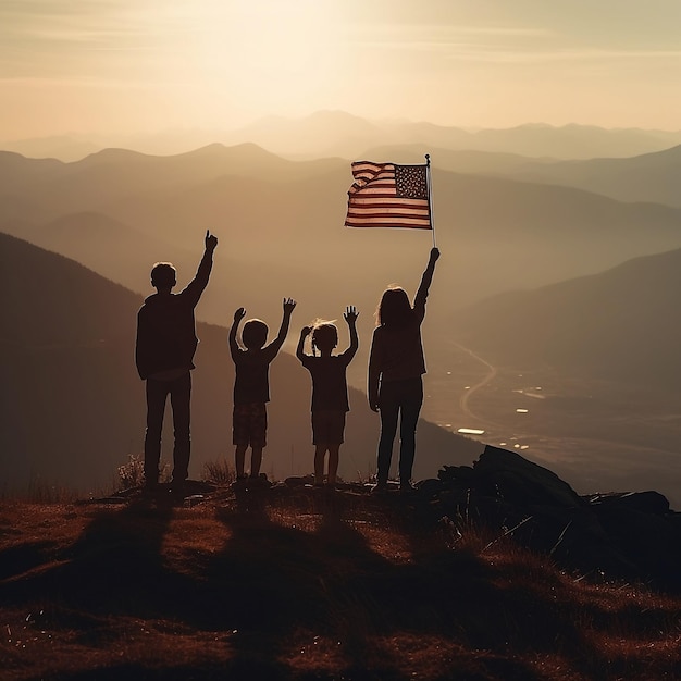 Sagome di quattro bambini con bandiera USA nel tramonto in cima alla montagna AI generativa