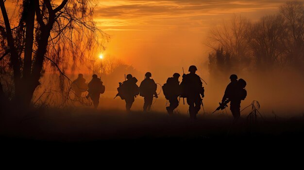 Sagome di soldati dell'esercito nella nebbia contro un tramonto Ai generativa