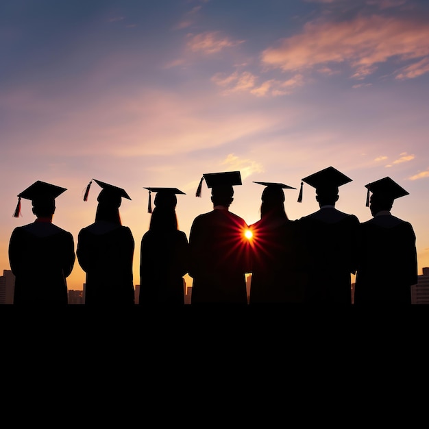 Sagome di studenti con cappucci laureati in fila su sfondo tramonto