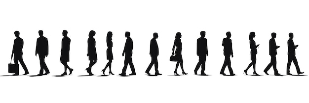 Sagome di uomini e donne un gruppo di uomini d'affari in piedi e che camminano colore nero isolato su sfondo bianco