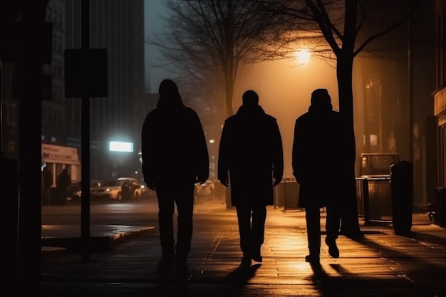 Sagome sfocate e ombre di tre uomini che camminano per la strada della città nella notte